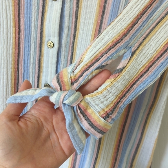 Soft Surroundings Colorful Striped Gauze Tied Quarter Sleeve Button Down Top XSP - Picture 8 of 10